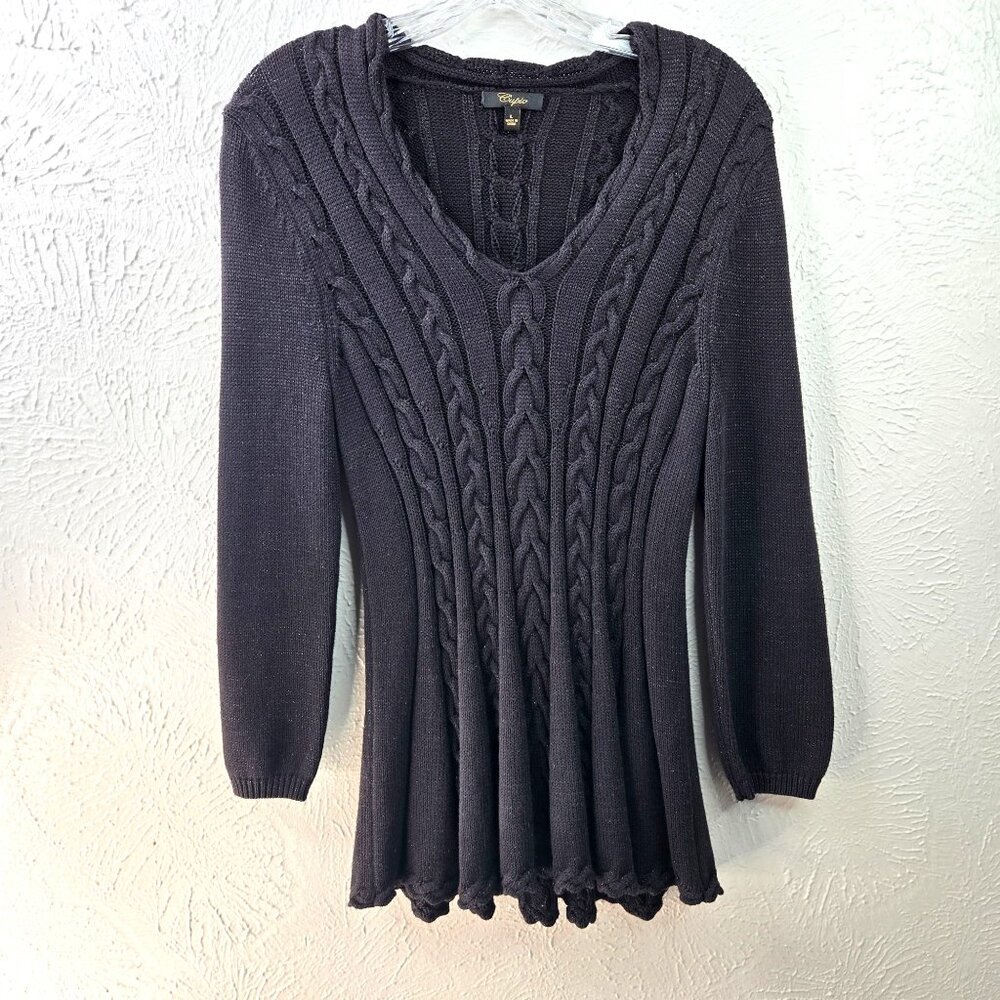 Cupio Chunky Cable Knit Sweater Black Glitter Specks Preppy Formal Peplum Tunic